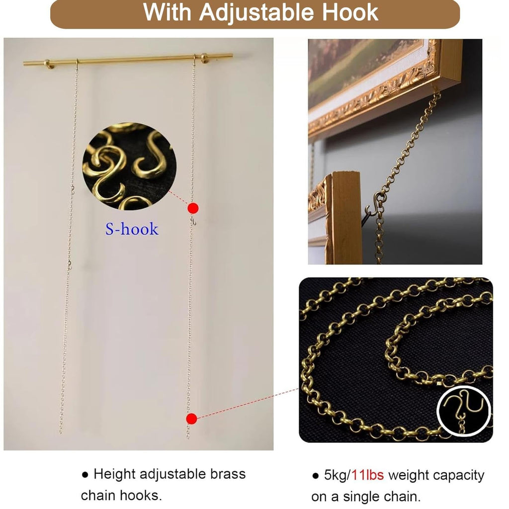 Gallery Wall Picture Rail Hanging System Brass Rod with Chain/Hook/Hardware