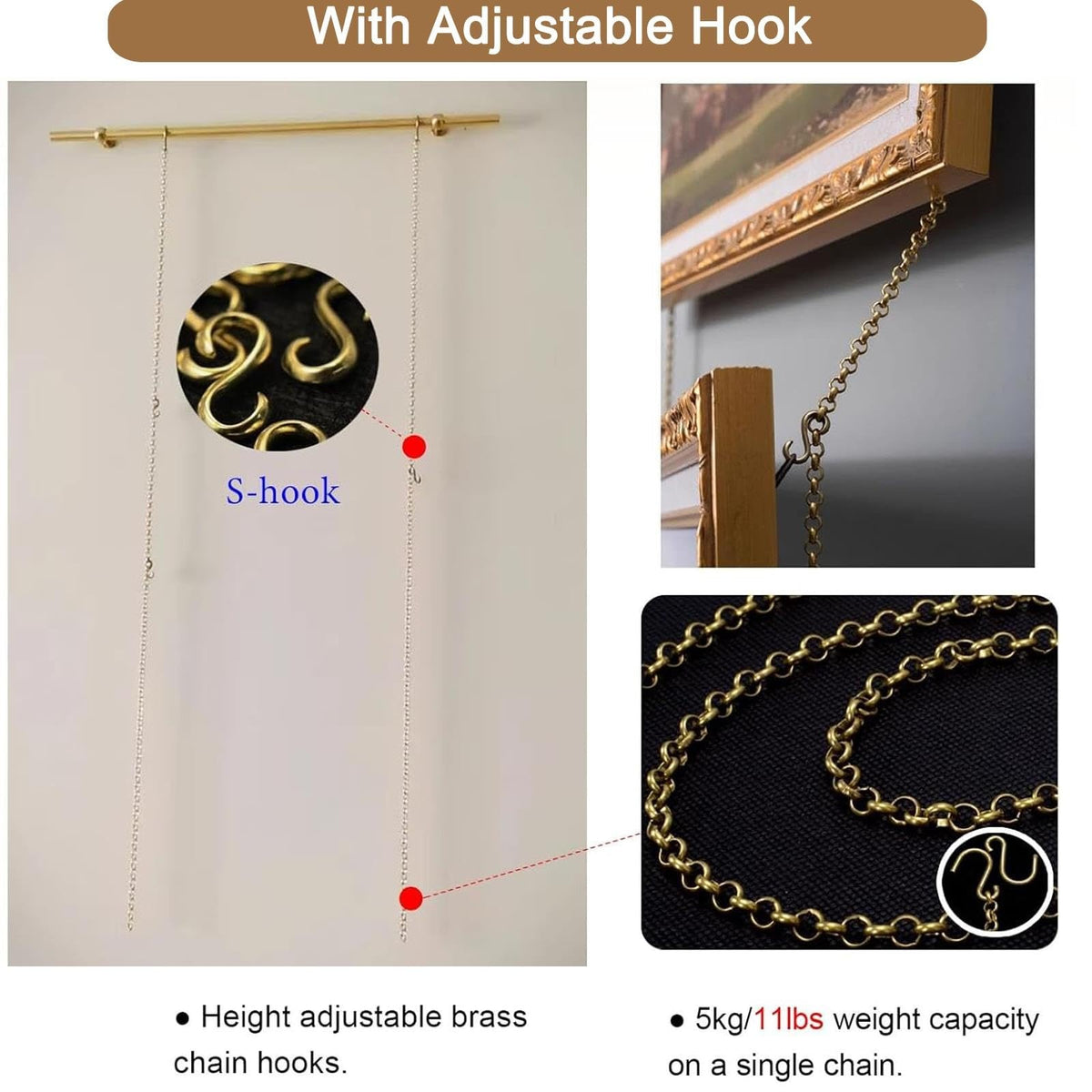 Gallery Wall Picture Rail Hanging System Brass Rod with Chain/Hook/Hardware