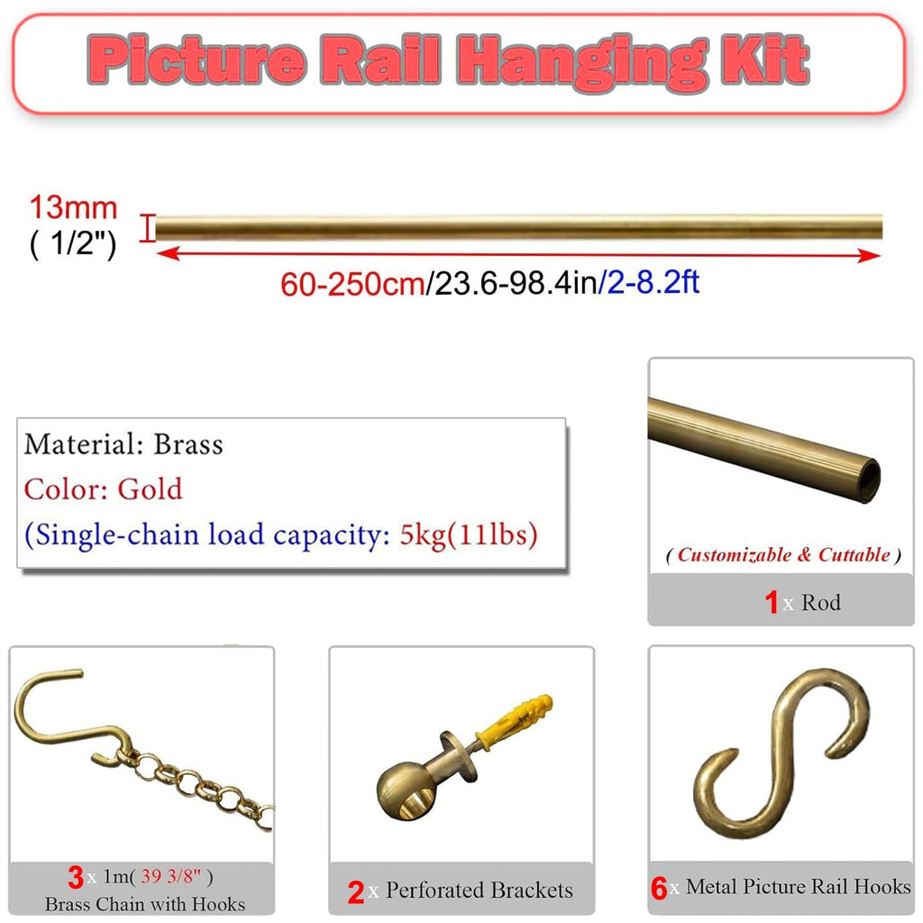 80.7" Brass Gallery Hanging Track with Chains & Hooks