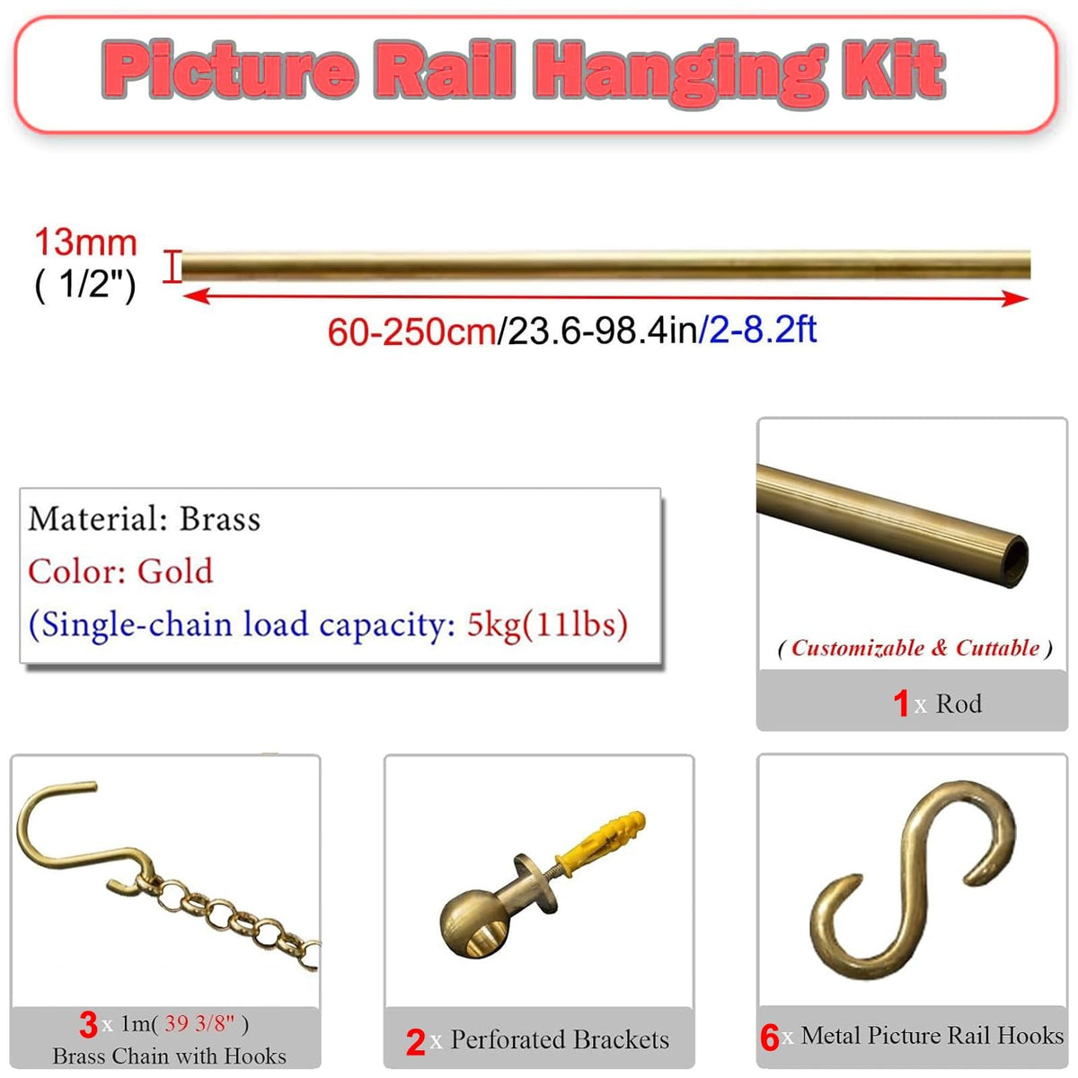 80.7" Brass Gallery Hanging Track with Chains & Hooks