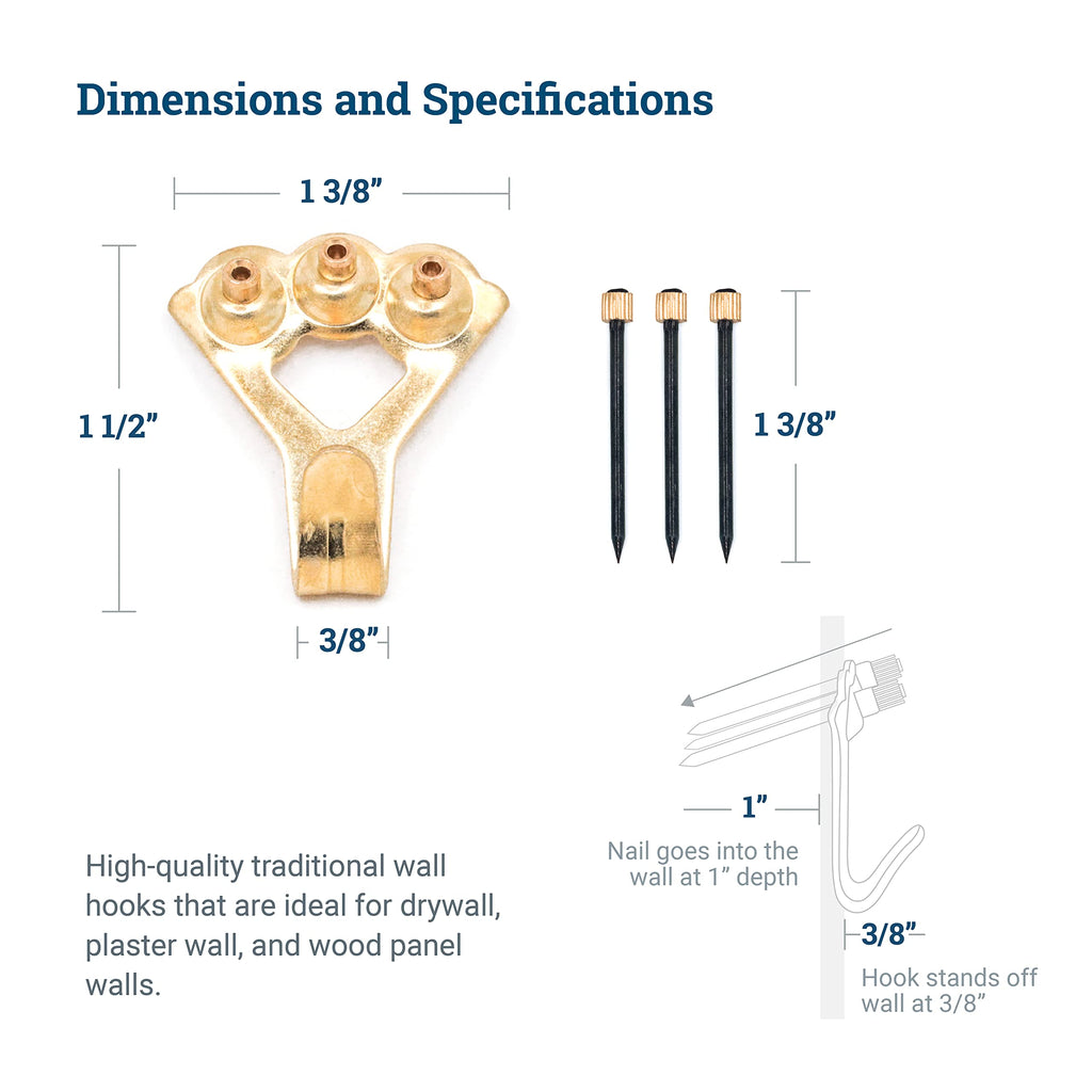 PHS 100 lb Brass Picture Hanging Hooks with Nails
