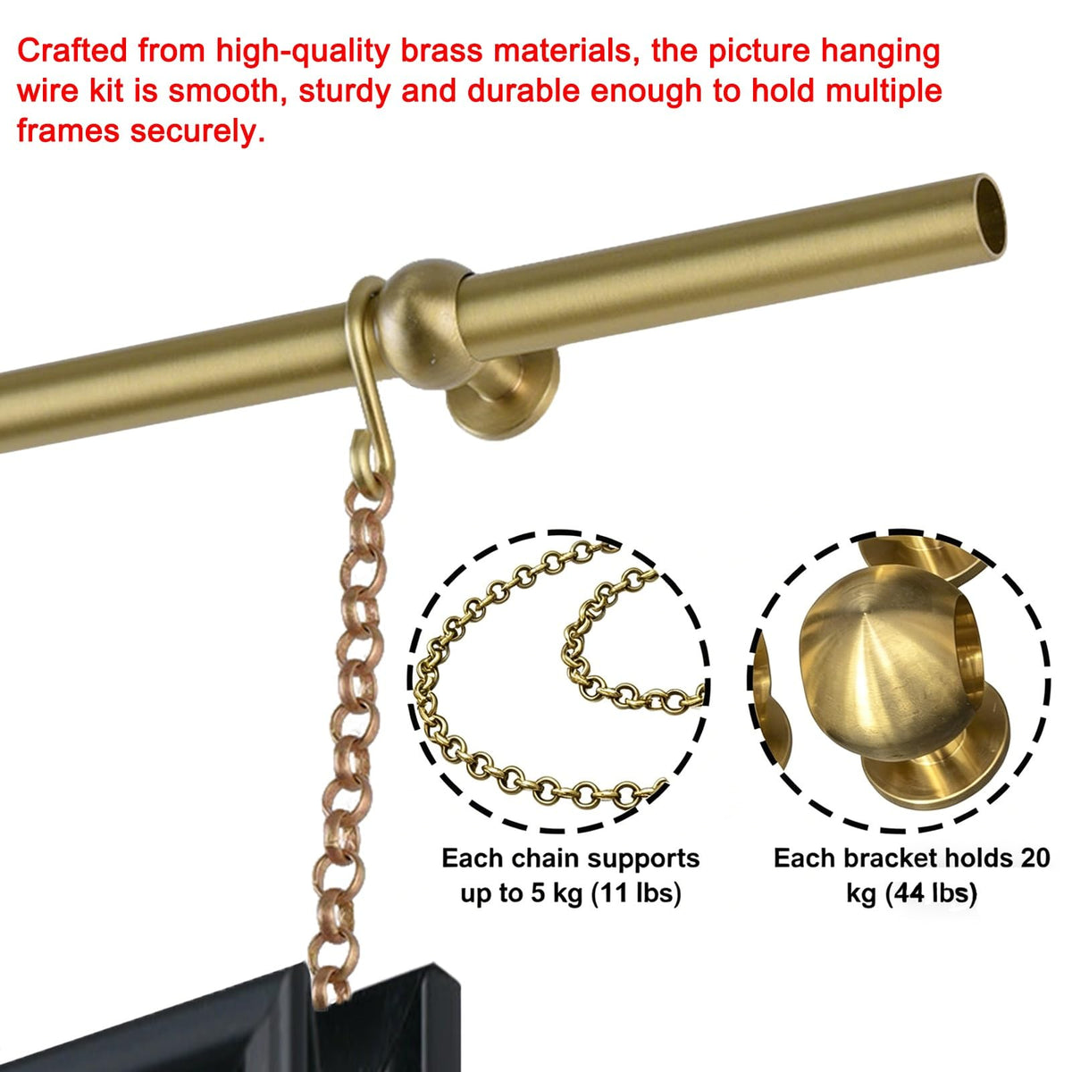 80.7" Brass Gallery Hanging Track with Chains & Hooks