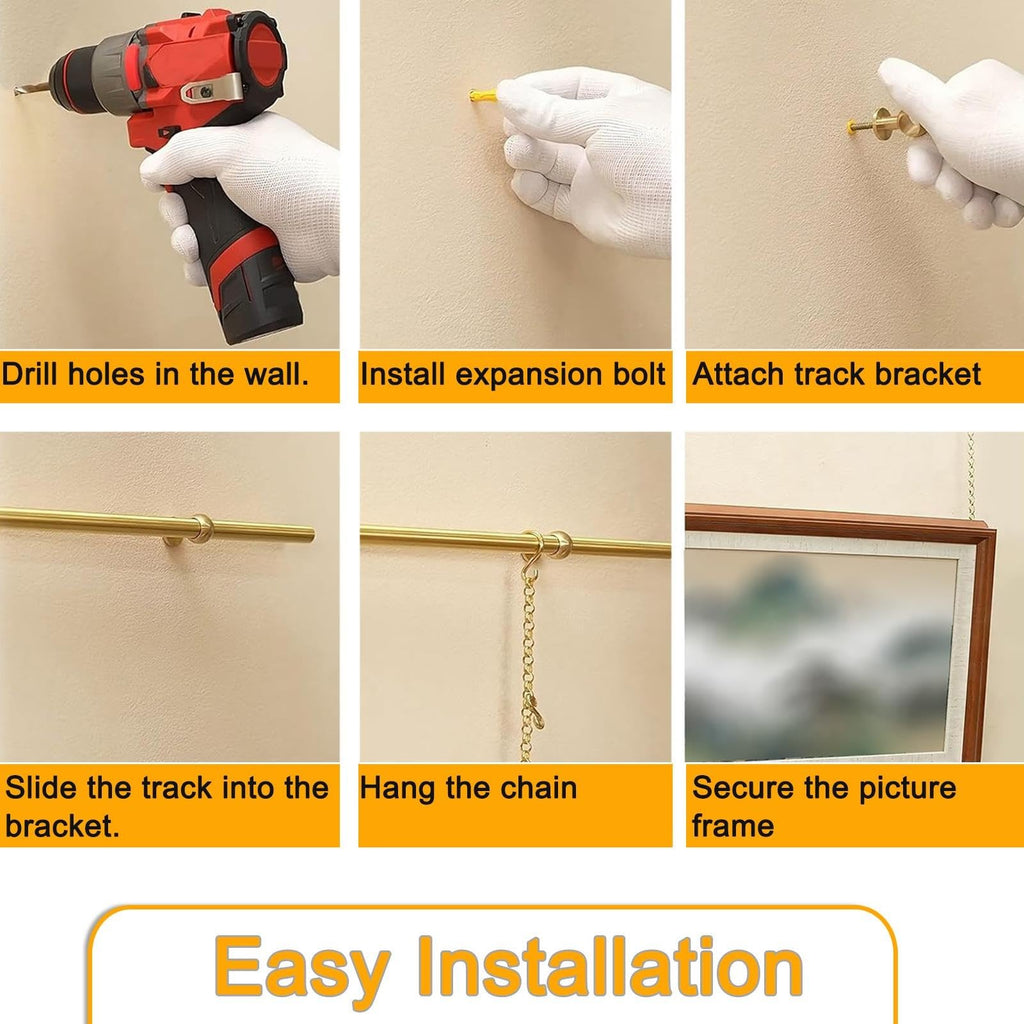 Gallery Wall Picture Rail Hanging System Brass Rod with Chain/Hook/Hardware