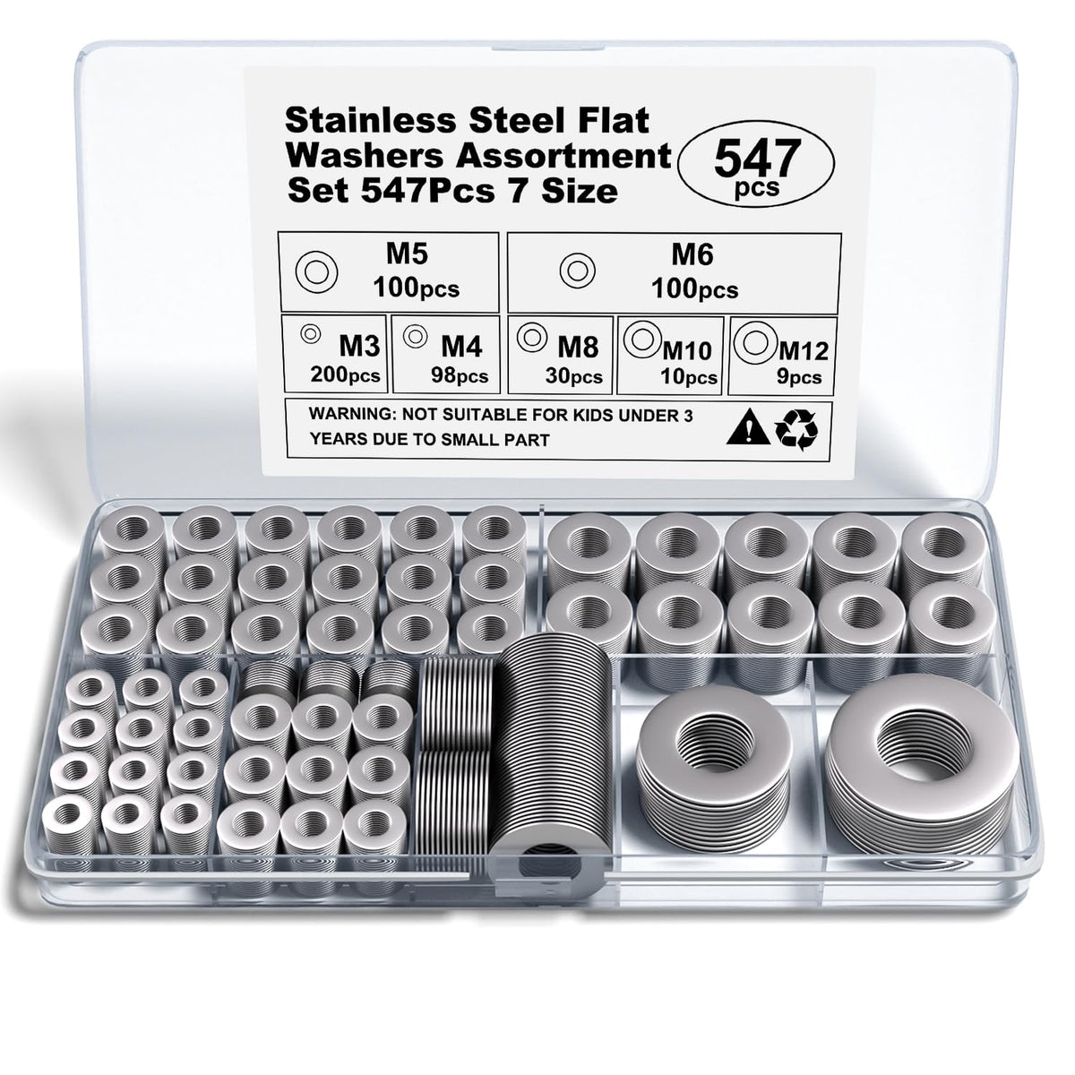 547-Piece M3–M12 Stainless Steel Flat Washer Assortment