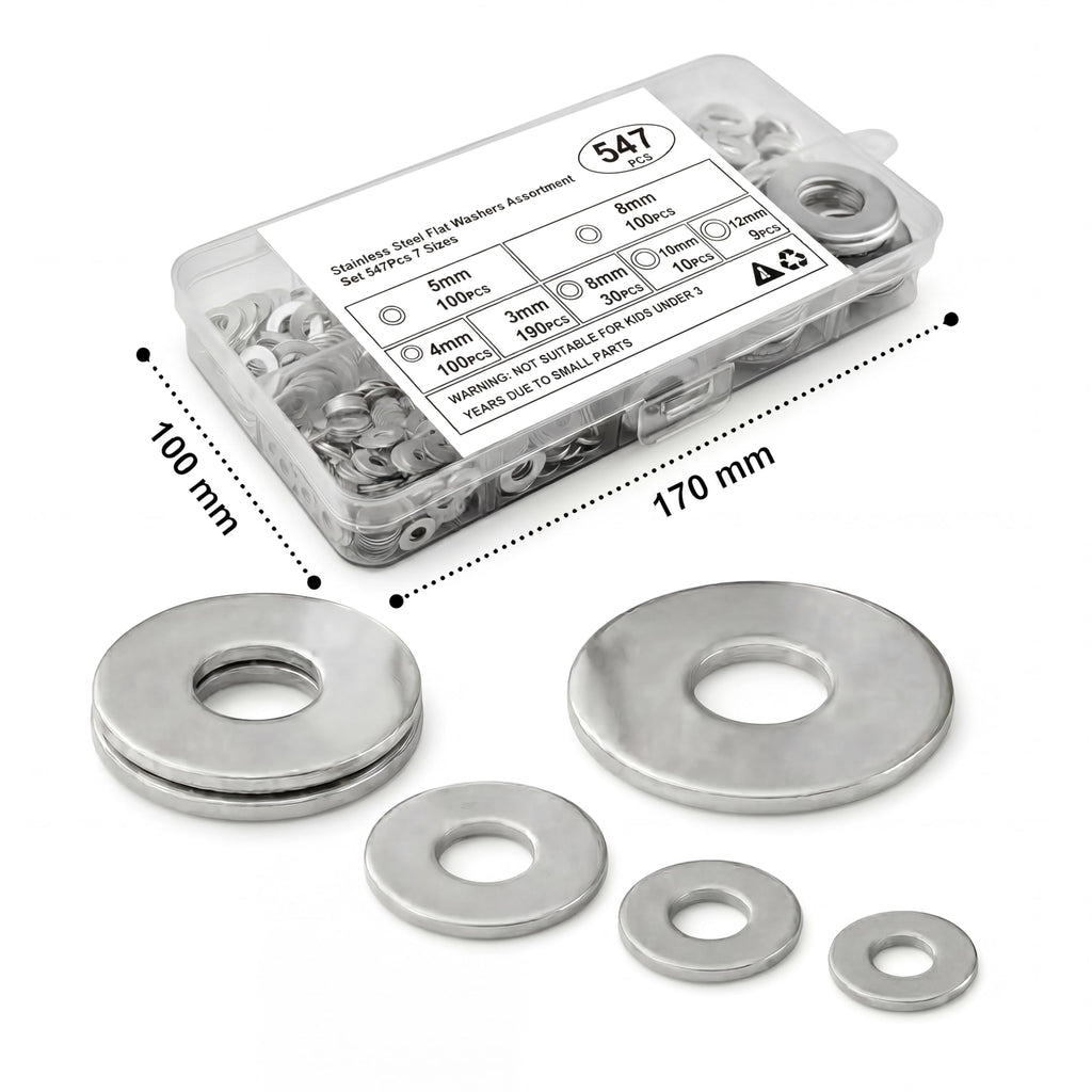 547-Piece M3–M12 Stainless Steel Flat Washer Assortment