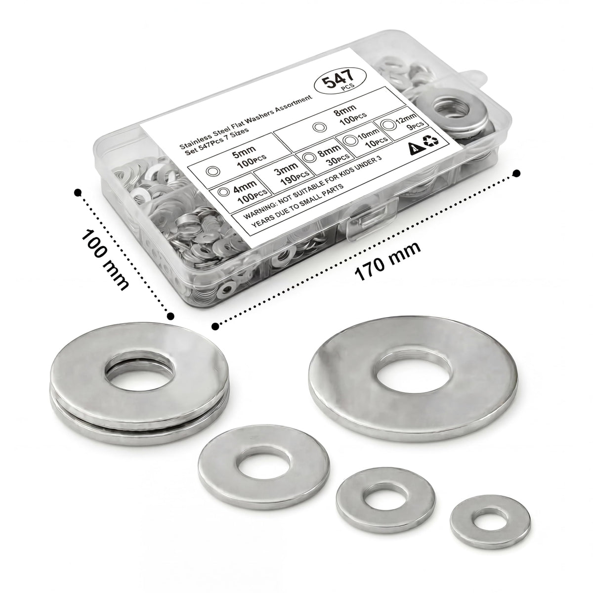 547-Piece M3–M12 Stainless Steel Flat Washer Assortment