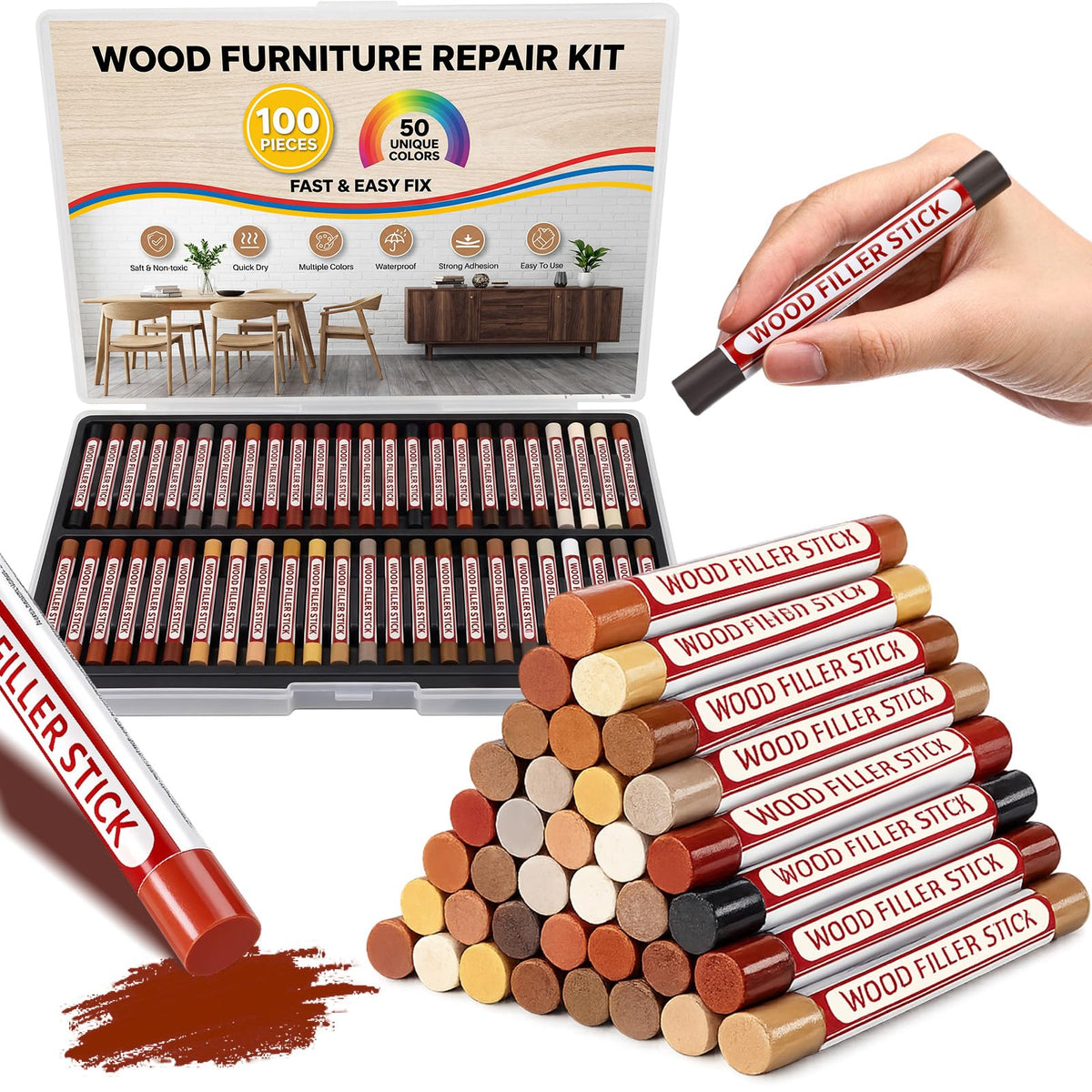 Dansib 100 Pcs Wood Filler Sticks, Wood Furniture Repair Wax Crayons for Wooden Furniture Floors Cabinets Tables and Doors Scratches Crack Scuffs Gouges Quick Fix