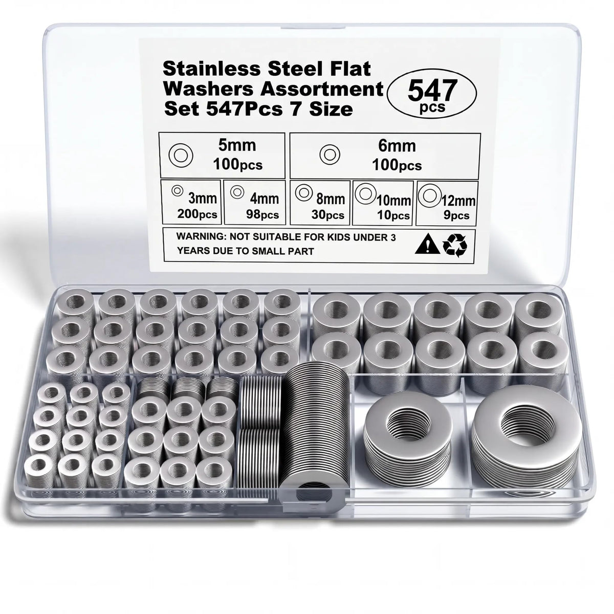 547-Piece M3–M12 Stainless Steel Flat Washer Assortment